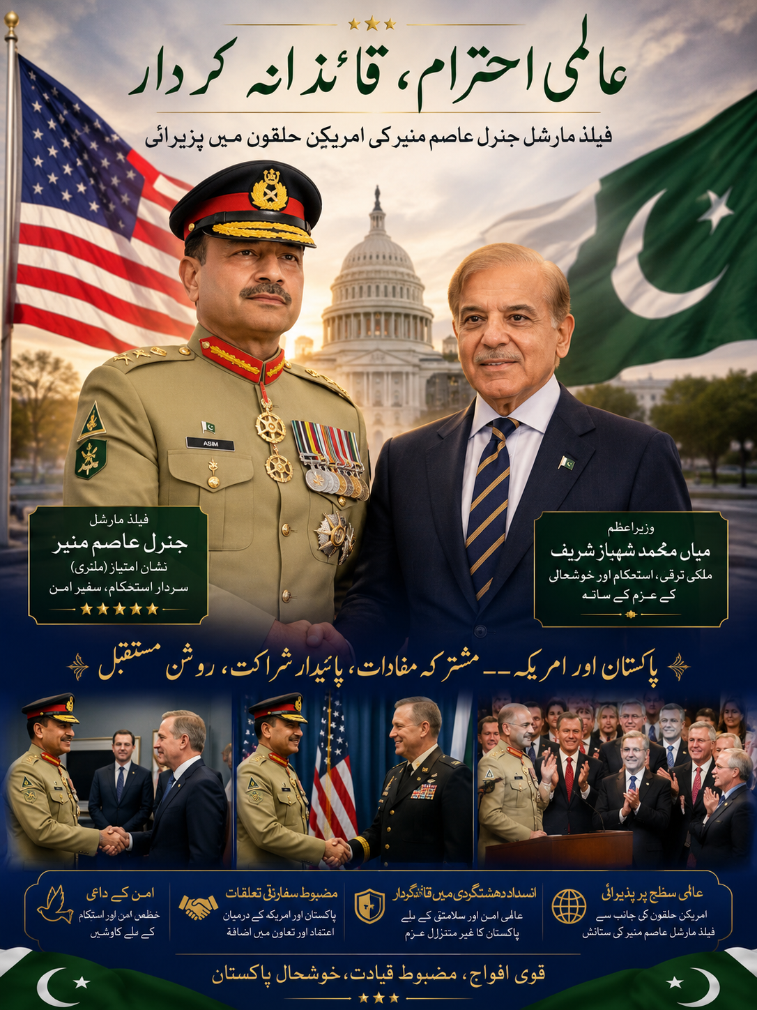 فیلڈ مارشل جنرل عاصم منیر کی امریکن حلقو ں میں زبر دست  پزیرائی ۔وزیر اعظم میاں محمد شہباز شریف بھی ساتھ کھڑے ہے